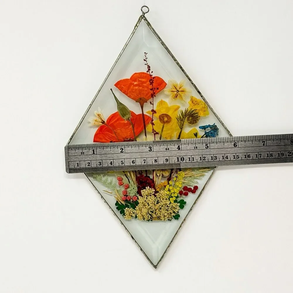 Vintage Pressed Flower Glass Suncatcher Hanging Panel Soldered Metal Frame 6x9